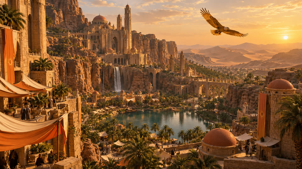 Ashkarra: a canyon city of domes and awnings around a turquoise oasis at sunset