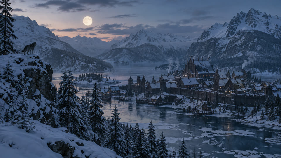 Silvarr: a snowbound town on a frozen lake under a full moon, a wolf on the ridge