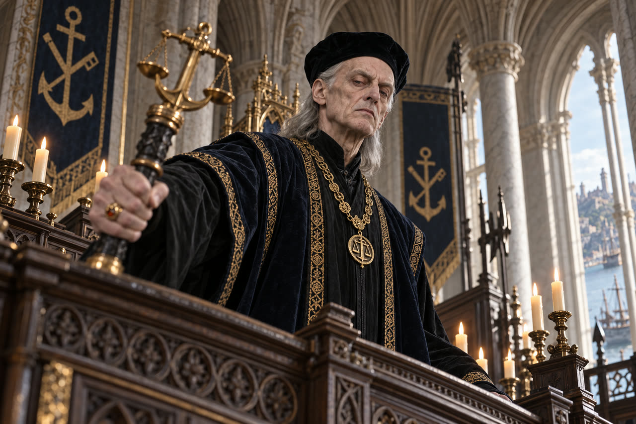 High Justice Corvane strikes his staff at the high bench