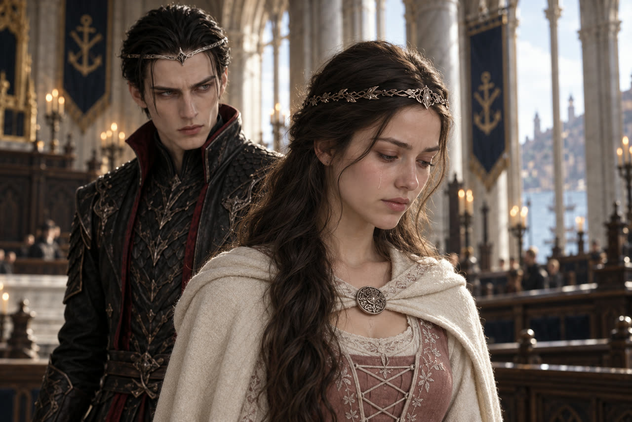 Princess Kaia, pale and tearful, with Prince Draeven watching coldly behind her